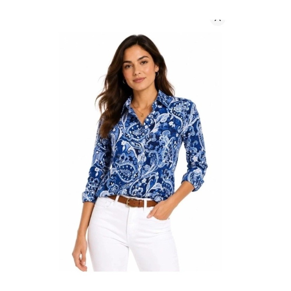Lauren Ralph L Blue White Paisley 100% Cotton Button Down Shirt Classic Womens